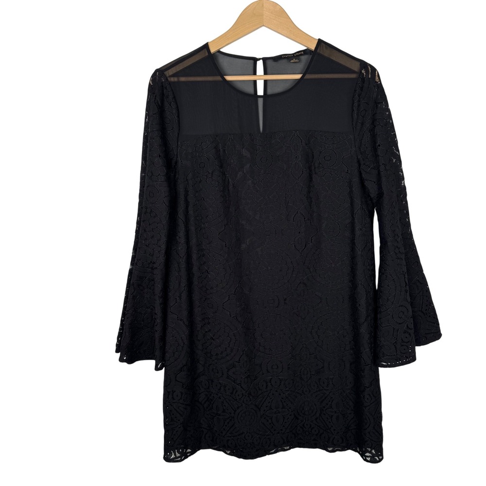 Cynthia‎ Steffe Lace Bell Sleeve Shift Dress Womens 10 Black Floral Sheer